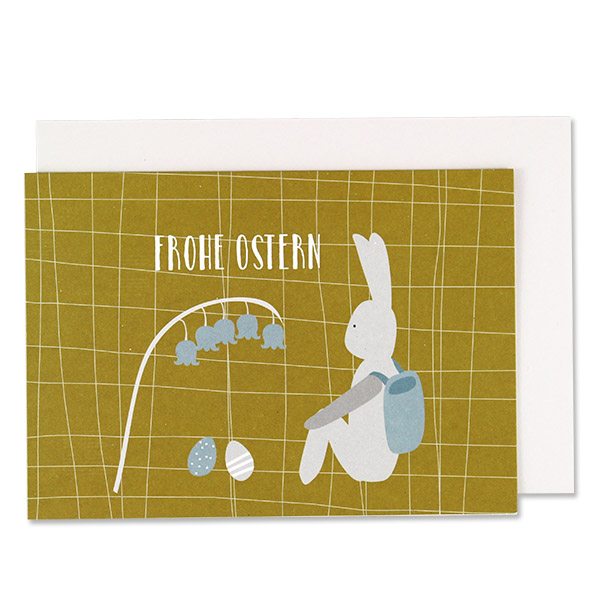 Ostergrußkarte "Frohe Ostern" Hase sitzend mit Körbchen, senf