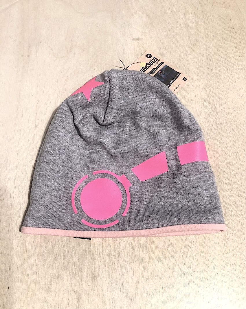 Merino Kindermütze - grau-rosa Headphones pink