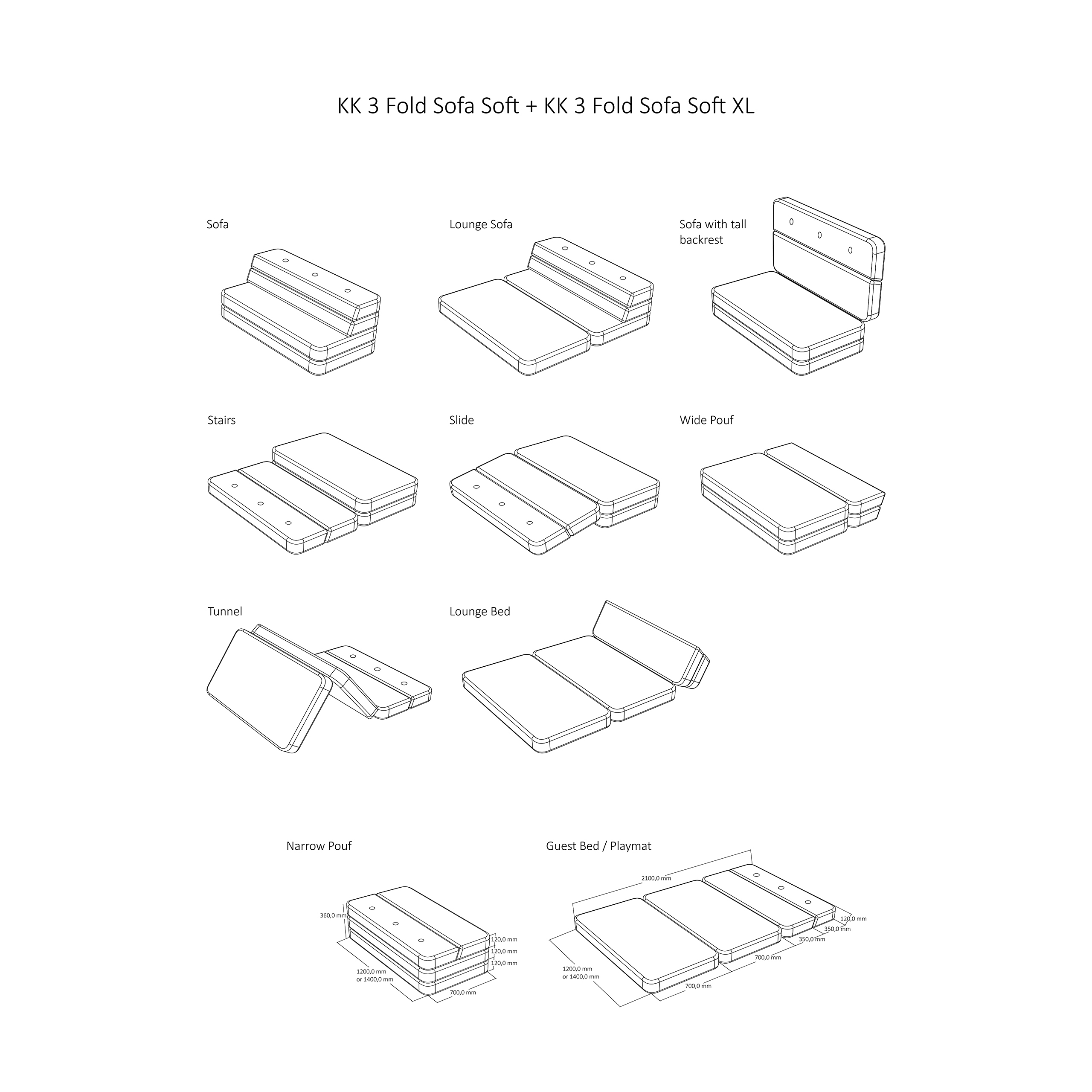 Klapp-Sofa "KK 3 Fold Sofa XL soft" (140 cm) - Multi Grey / Grey