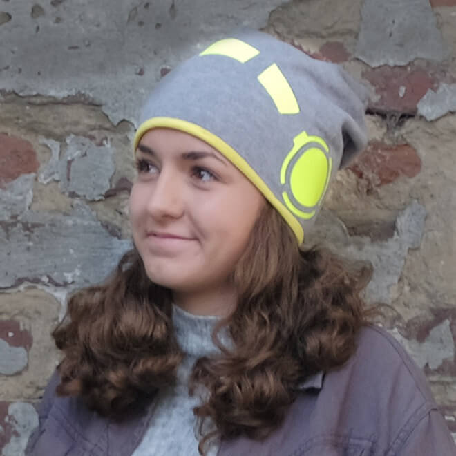 Merino Kindermütze - grau-gelb Headphones
