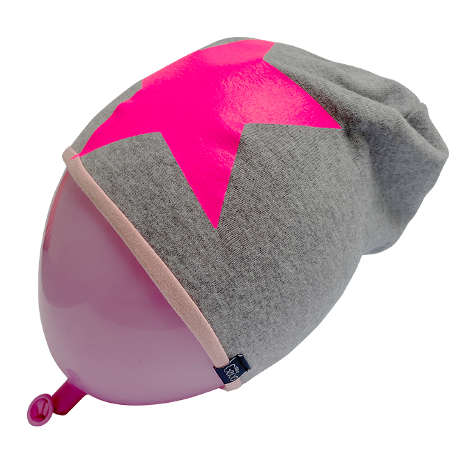 Merino Kindermütze - grau-rosa Neonstern pink